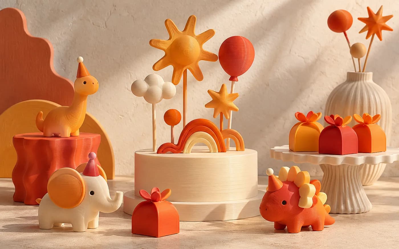 Composição ilustrativa de peças impressas em 3D para festa infantil, com sol, animais e lembrancinhas.