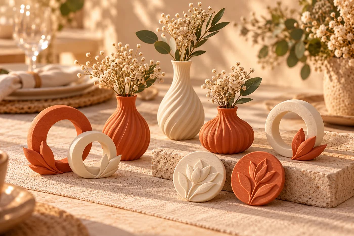 Lembrancinhas de casamento impressas em 3D em terracota e marfim: mini vasos, porta-guardanapos e medalhas com folhas em relevo.