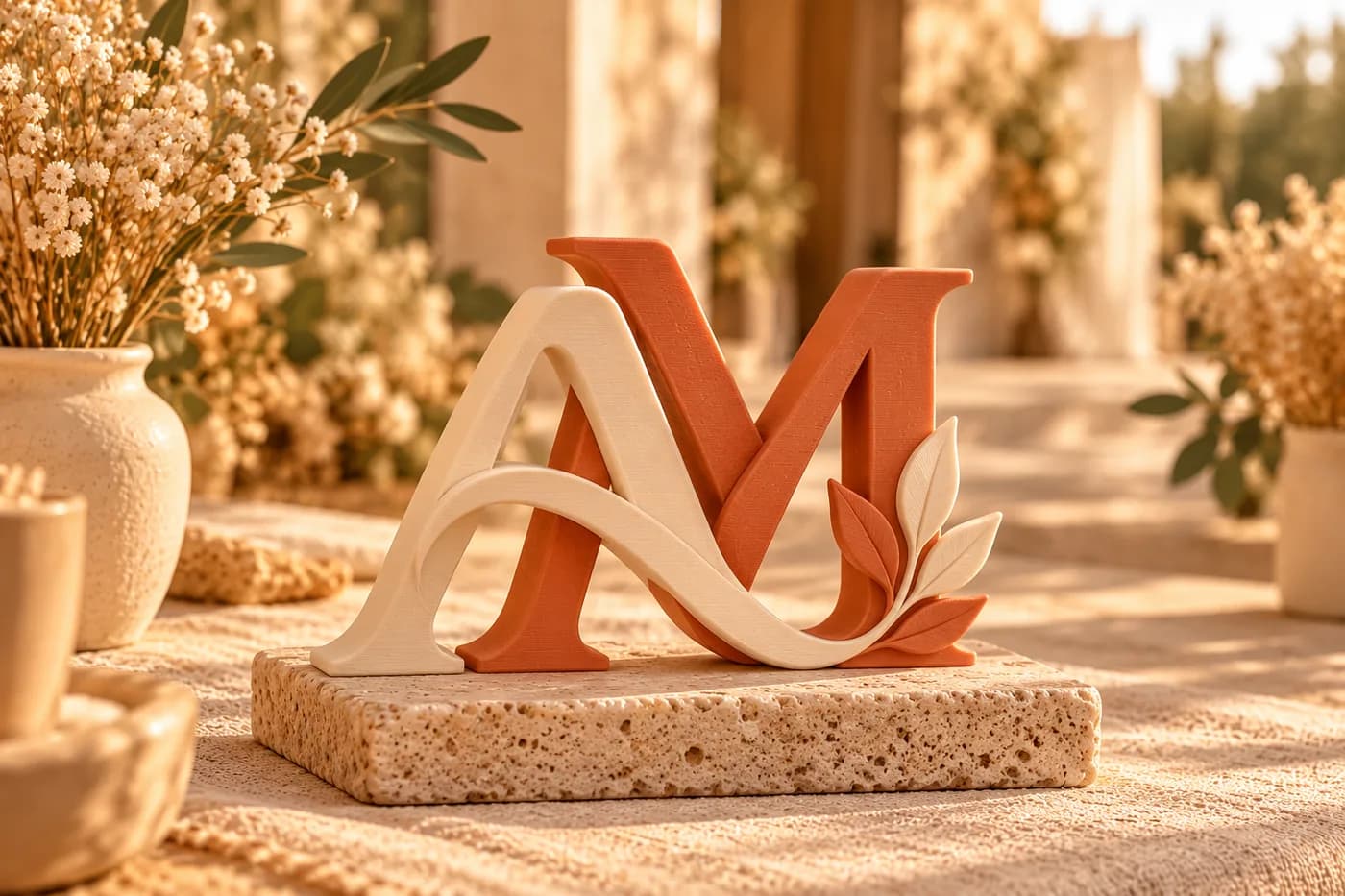 Imagem conceitual de monograma A e M impresso em 3D em terracota e marfim para decoração de casamento.
