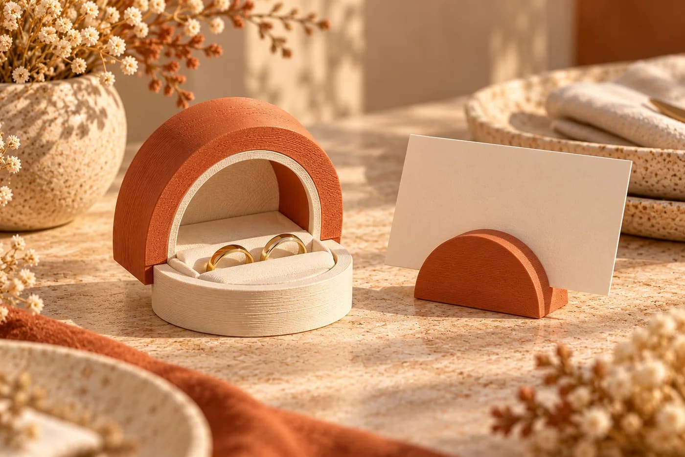 Porta-alianças em arco e porta-cartão de mesa impressos em 3D em terracota e marfim, com duas alianças douradas.