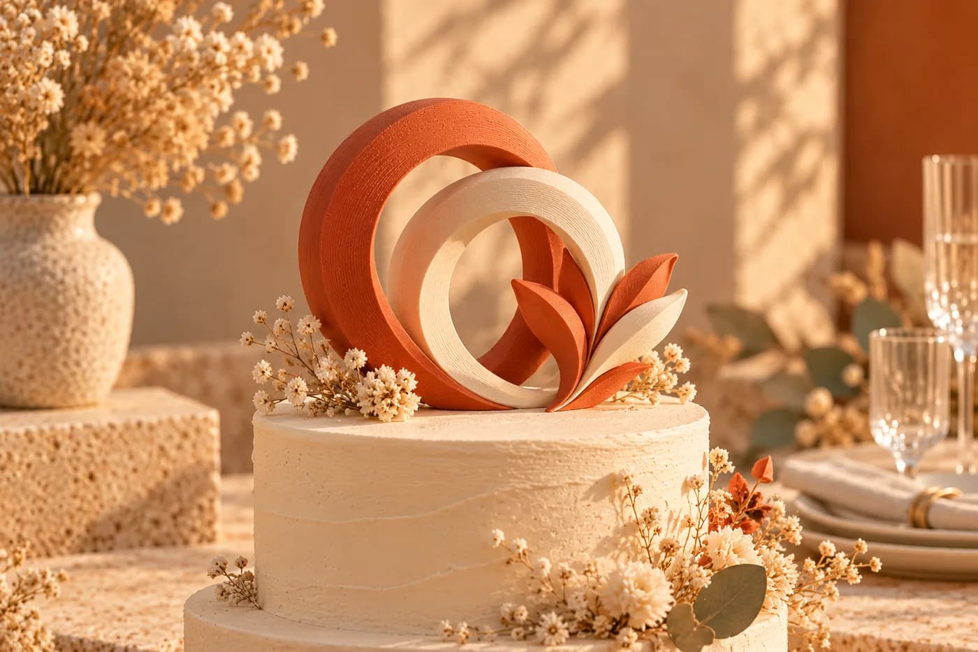 Topo de bolo de casamento impresso em 3D, com dois aros entrelaçados e folhas em terracota e marfim sobre um bolo branco.