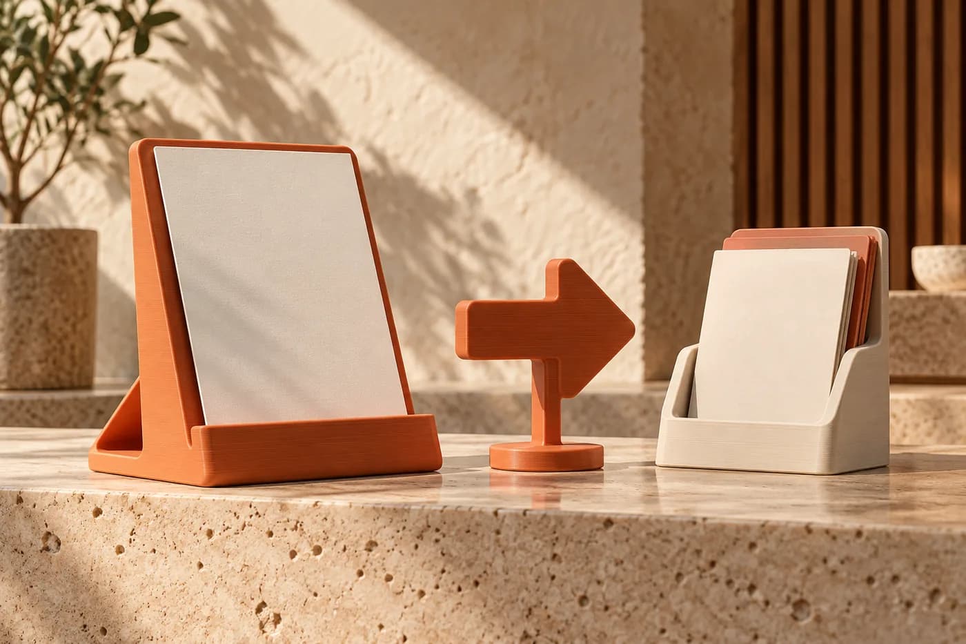 Conjunto ilustrativo de sinalização de mesa impressa em 3D: display, seta e porta-folhetos.