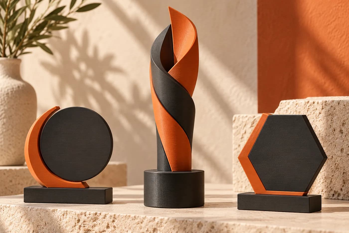 Troféu e placas de reconhecimento ilustrativos impressos em 3D, em laranja e grafite.
