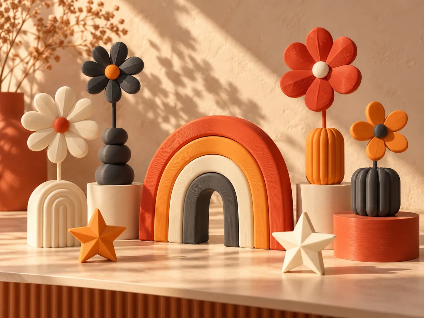 Decoração de mesa ilustrativa com flores, estrelas e arco colorido impressos em 3D.