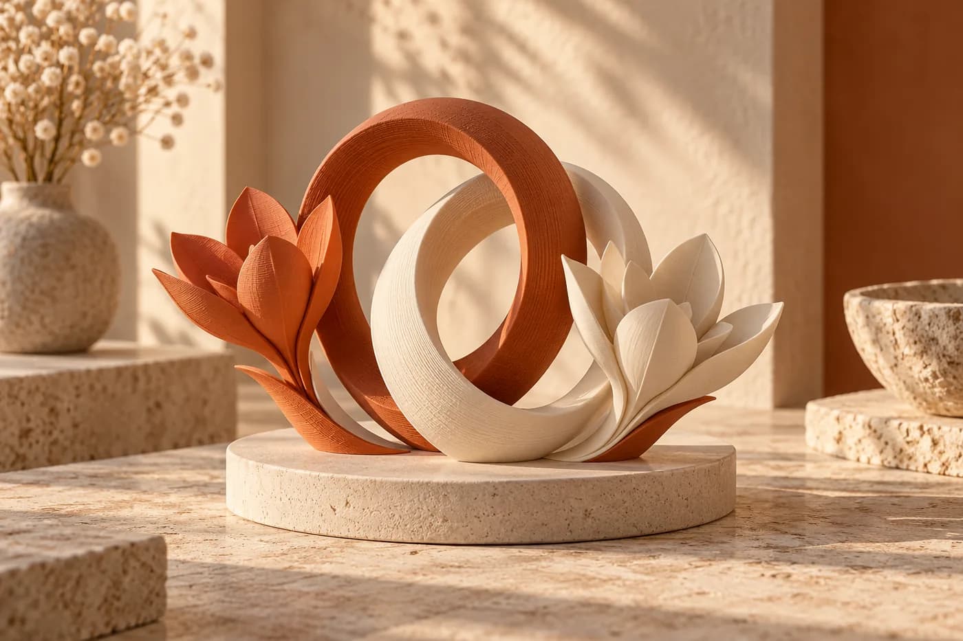 Centro de mesa ilustrativo com anéis entrelaçados e flores em tons terrosos, com aparência de impressão 3D.