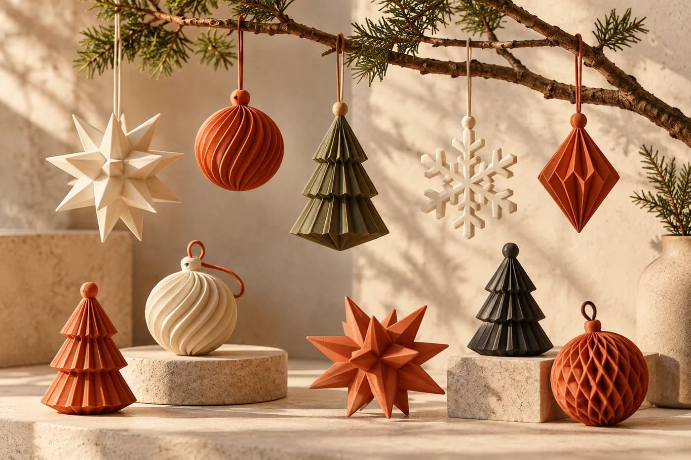 Estrelas, árvores, flocos de neve e bolas de Natal em uma cena ilustrativa de enfeites impressos em 3D.