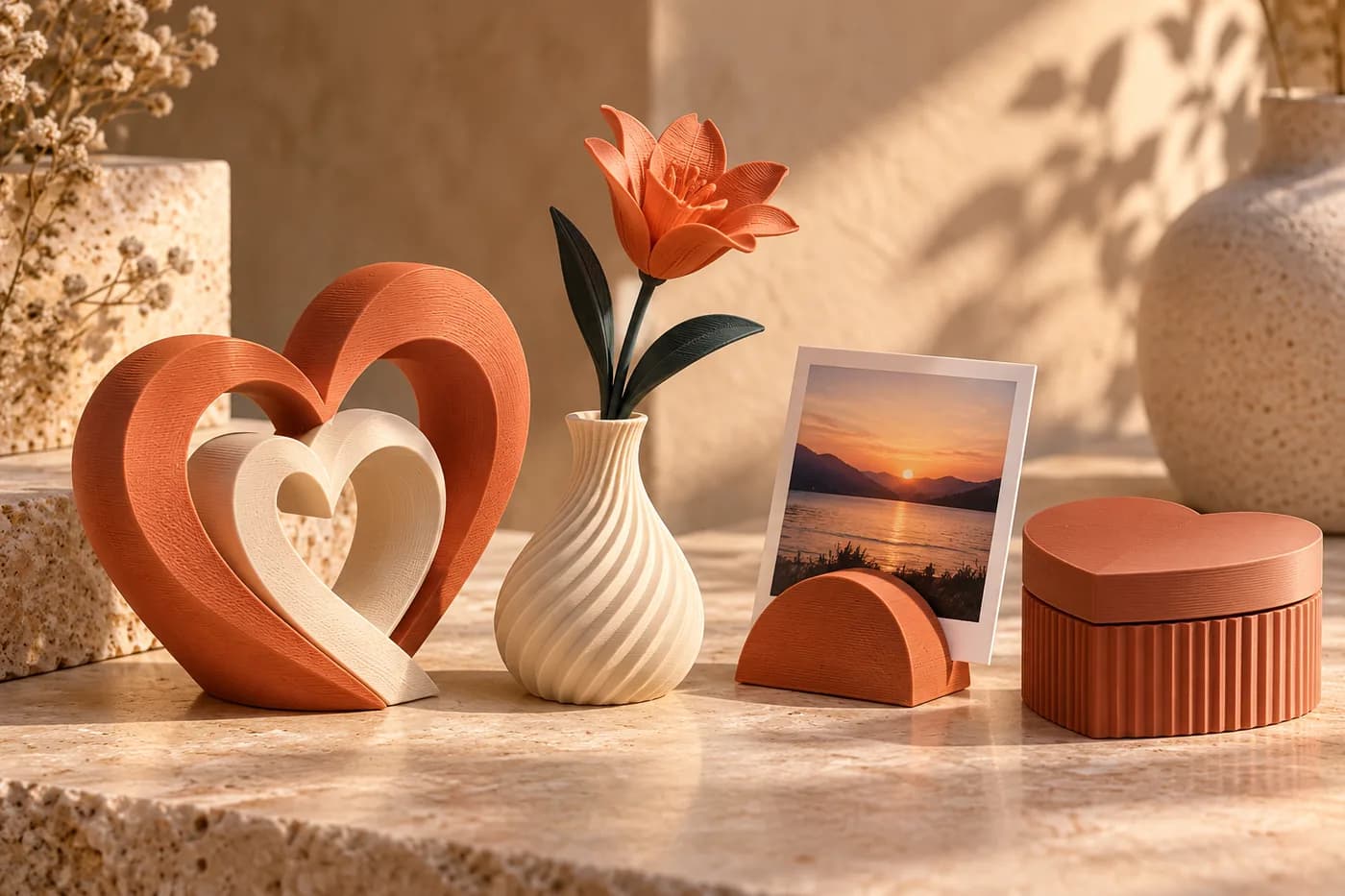 Presentes ilustrativos impressos em 3D: coração, flor em vaso, porta-retrato e caixa de lembrança.