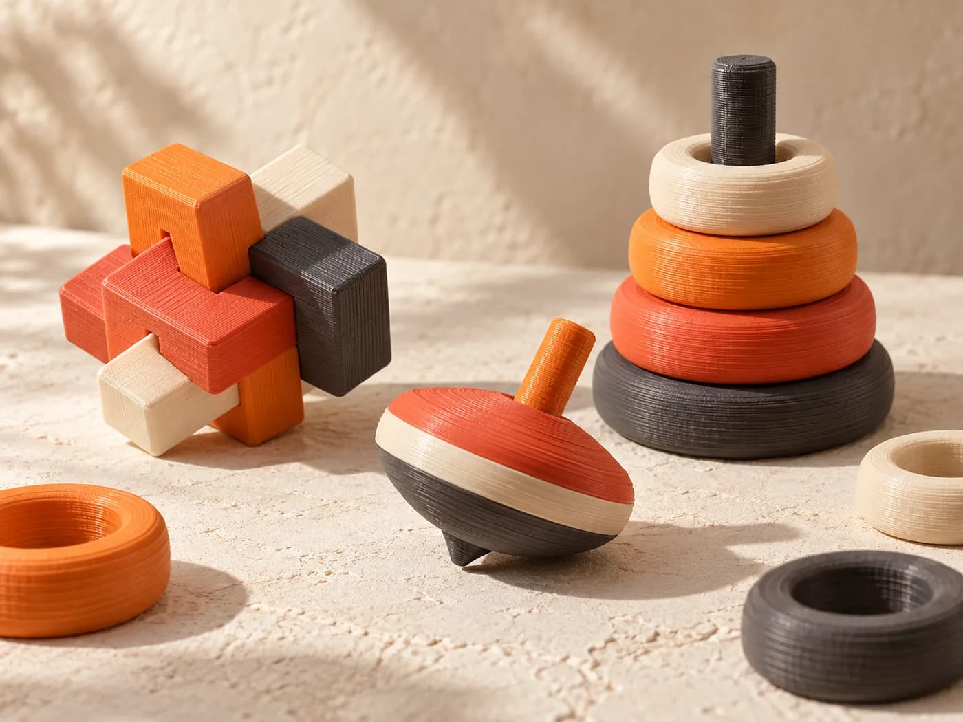 Jogos e brinquedos ilustrativos impressos em 3D, incluindo pião, argolas e quebra-cabeça.