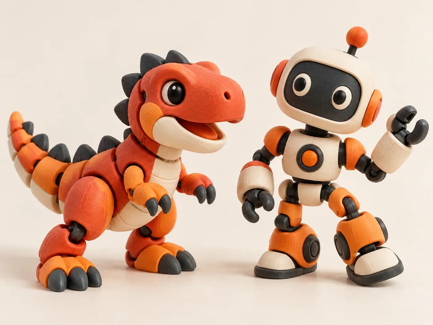 Miniaturas ilustrativas de dinossauro e robô articulados impressos em 3D.